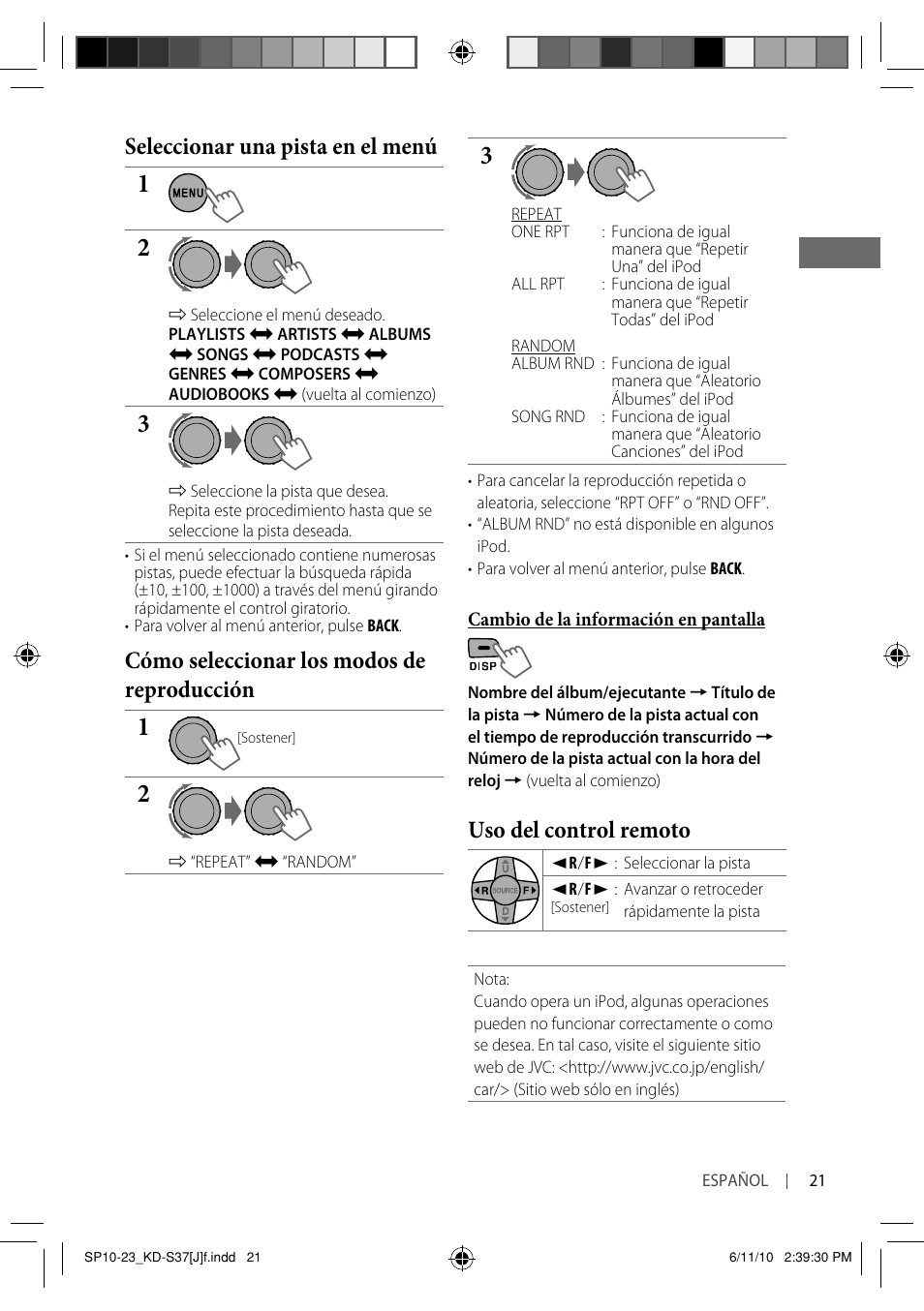 Seleccionar una pista en el menú, Cómo seleccionar los modos de reproducción, Uso del control remoto | JVC KD-S37 User Manual | Page 63 / 87