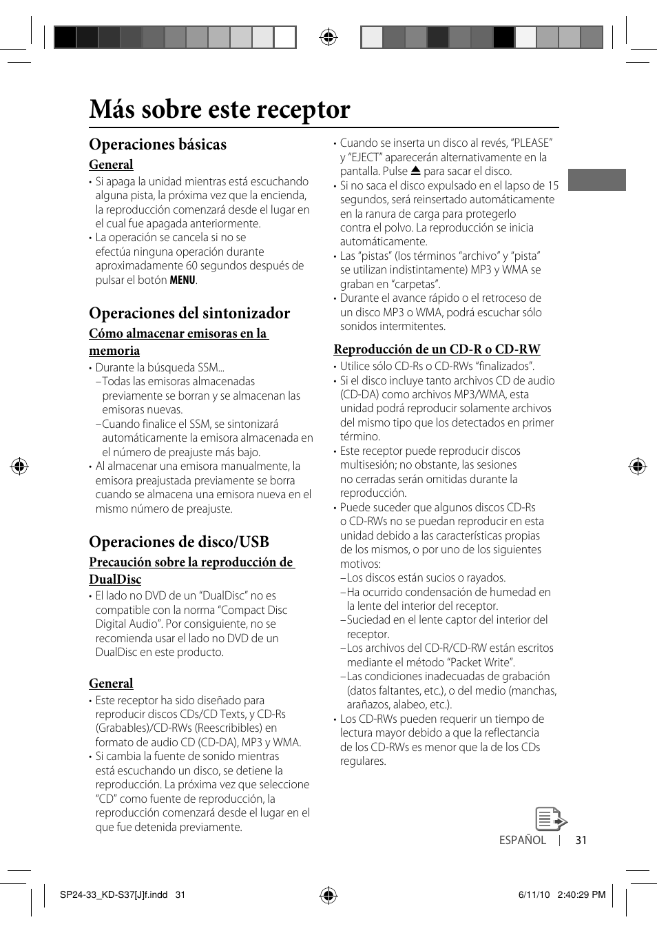 Más sobre este receptor, Operaciones básicas, Operaciones del sintonizador | Operaciones de disco/usb | JVC KD-S37 User Manual | Page 73 / 87