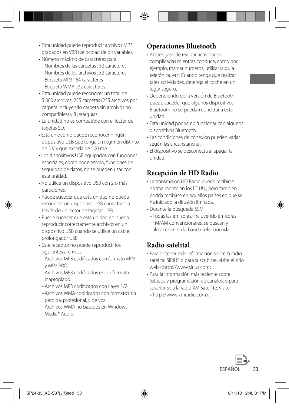 Operaciones bluetooth, Recepción de hd radio, Radio satelital | JVC KD-S37 User Manual | Page 75 / 87