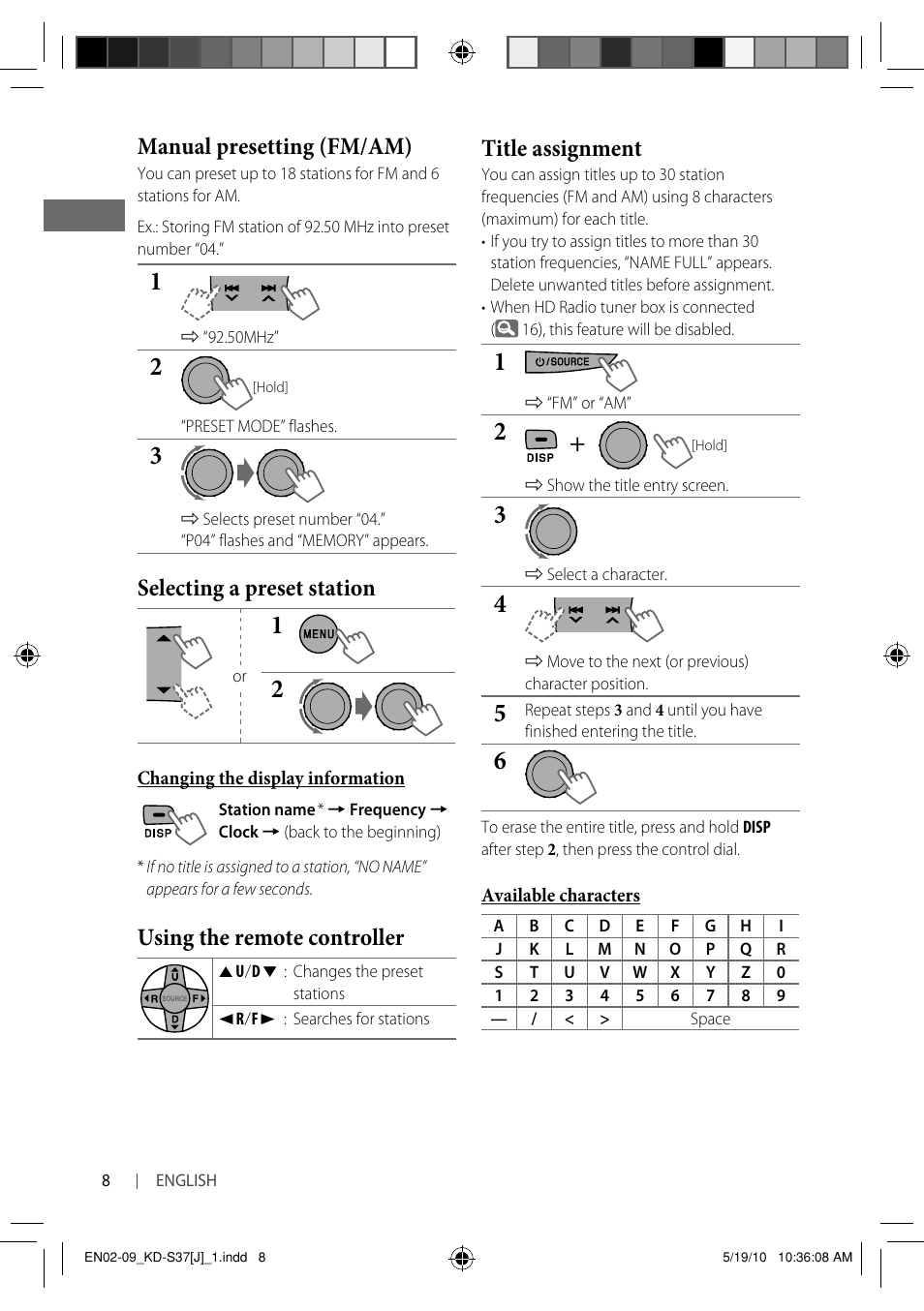 Manual presetting (fm/am), Selecting a preset station, Using the remote controller | Title assignment | JVC KD-S37 User Manual | Page 8 / 87