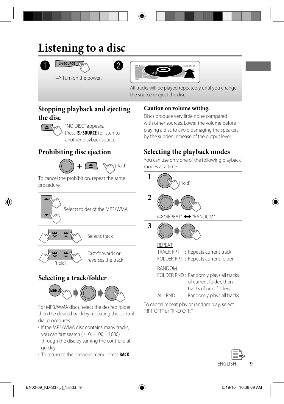 Listening to a disc, Stopping playback and ejecting the disc, Prohibiting disc ejection | Selecting a track/folder, Selecting the playback modes | JVC KD-S37 User Manual | Page 9 / 87
