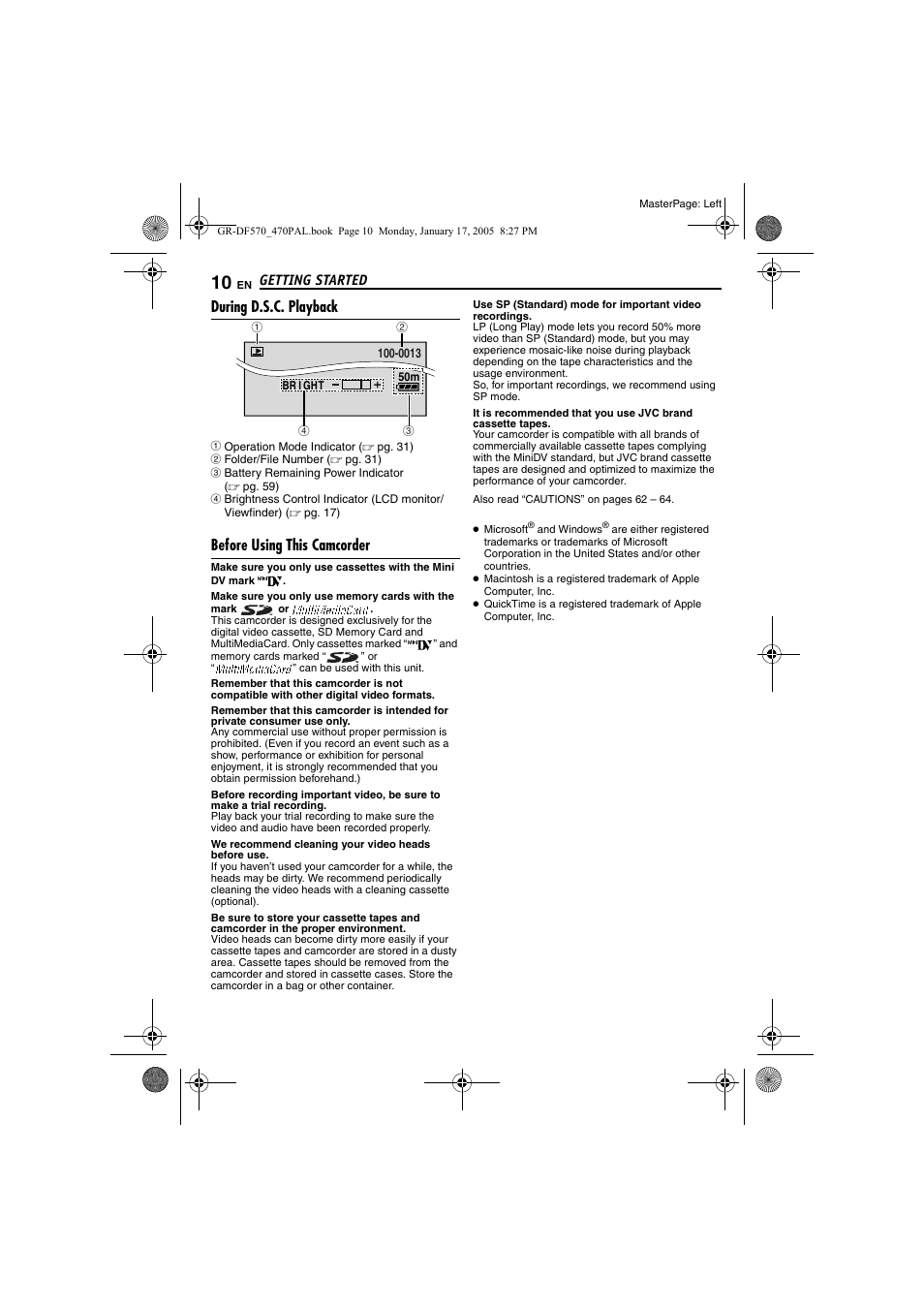 During d.s.c. playback, Before using this camcorder | JVC GR-DF470 User Manual | Page 10 / 68