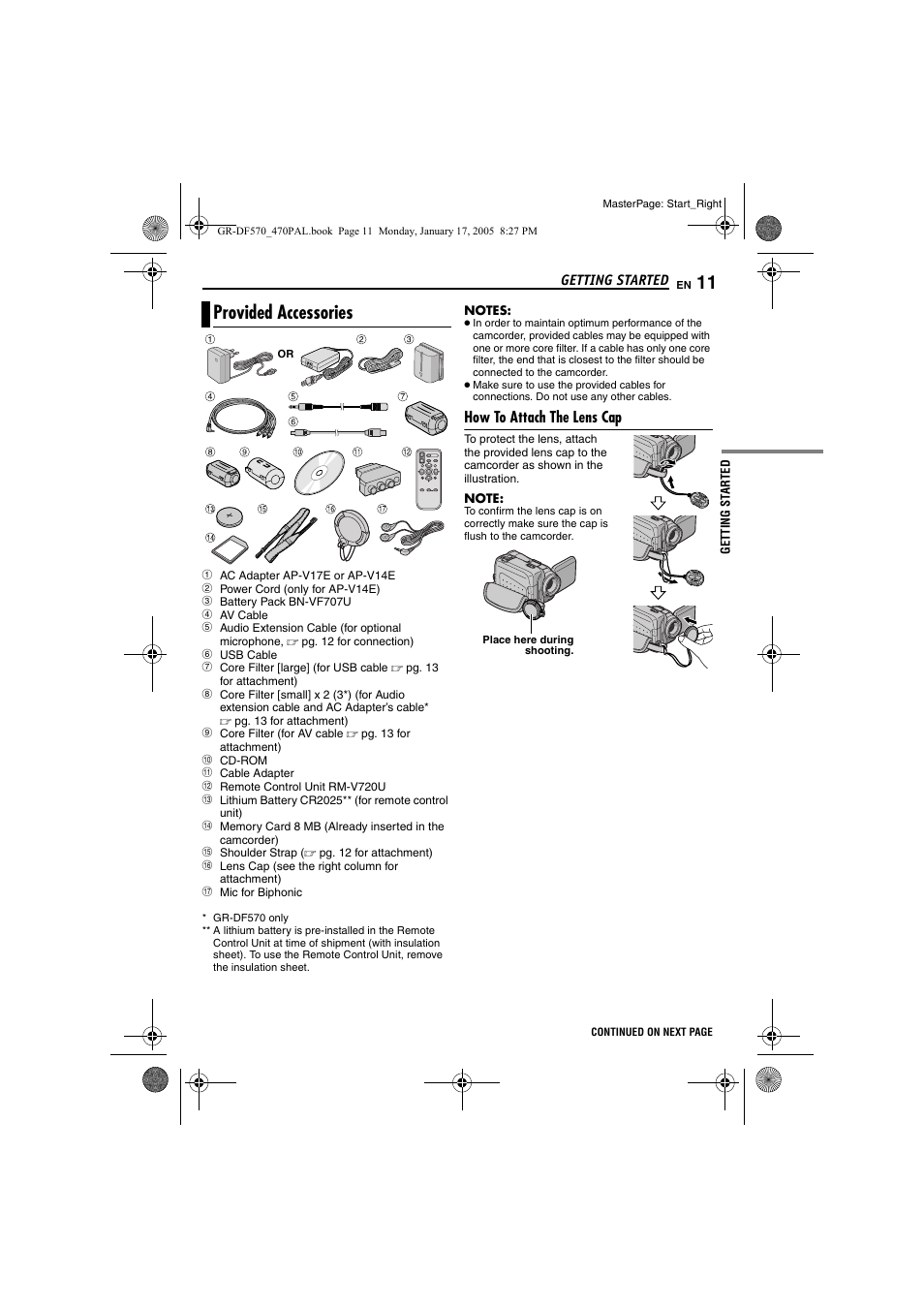 Provided accessories, How to attach the lens cap | JVC GR-DF470 User Manual | Page 11 / 68