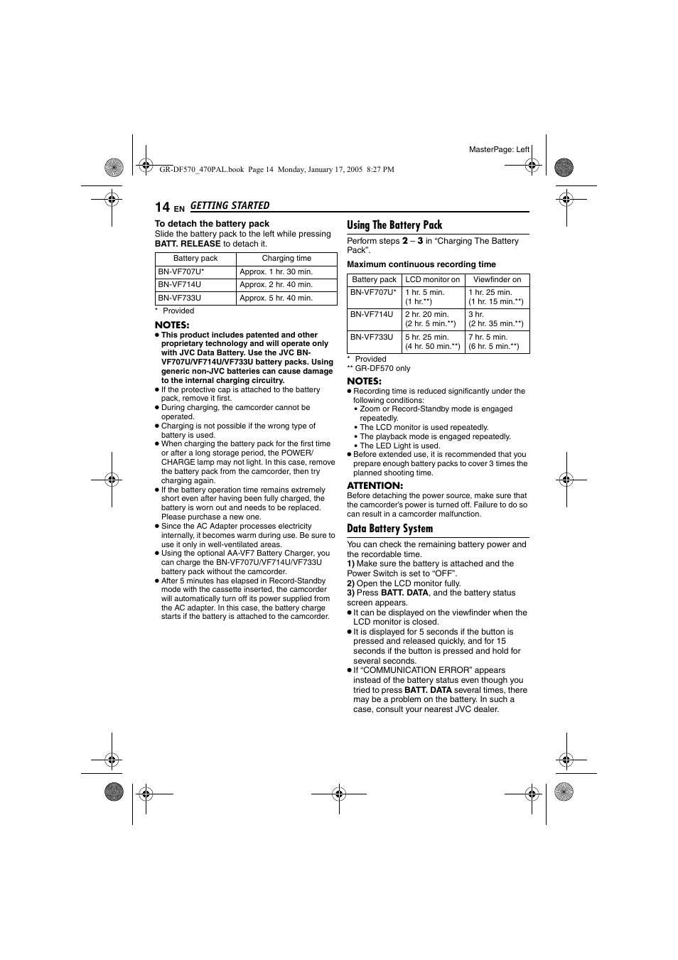 Using the battery pack, Data battery system, Pg. 14) | Getting started | JVC GR-DF470 User Manual | Page 14 / 68