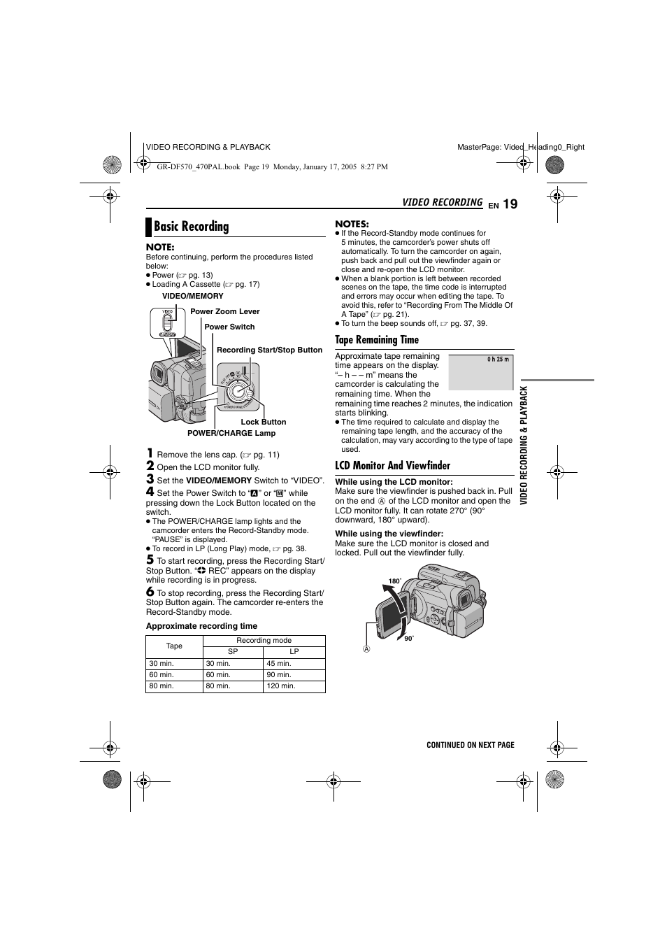 Video recording, Basic recording, Tape remaining time | Lcd monitor and viewfinder, Video recording & playback, 19 lcd monitor and viewfinder, Pg. 19), Pg. 19, 2 | JVC GR-DF470 User Manual | Page 19 / 68