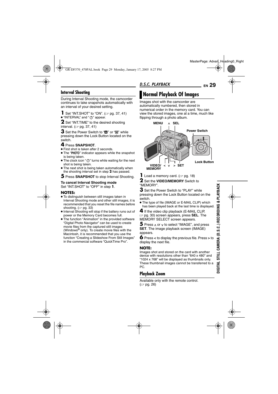 Interval shooting, Normal playback of images, Playback zoom | D.s.c. playback, Pg. 29, 3, Pg. 29, 4, Pg. 29), Card (੬ pg. 29) | JVC GR-DF470 User Manual | Page 29 / 68