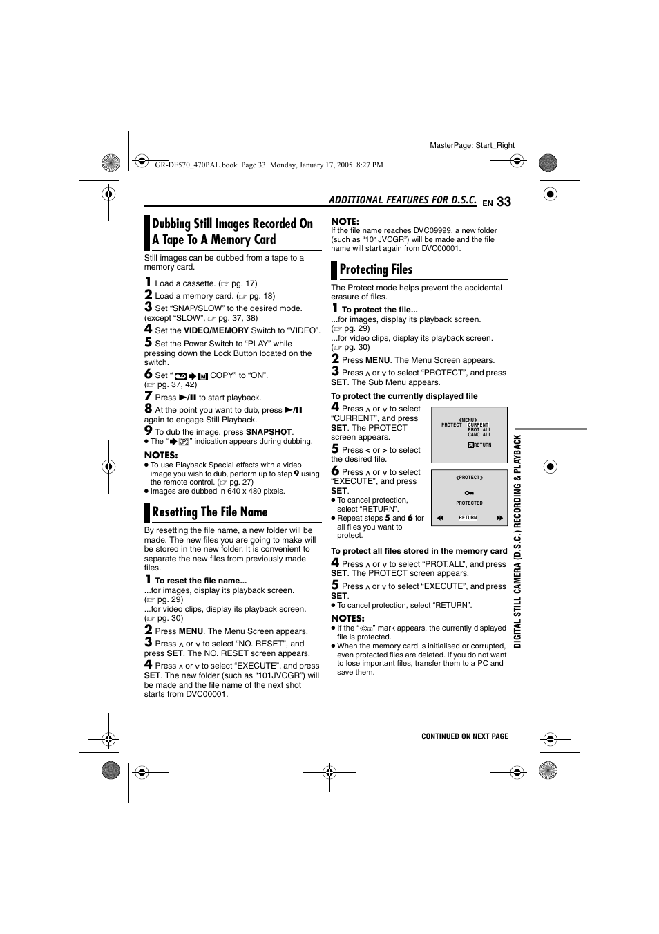 Resetting the file name, Protecting files, Dubbing still images recorded on a tape to a | Memory card, 33 protecting files, Pg. 33) | JVC GR-DF470 User Manual | Page 33 / 68