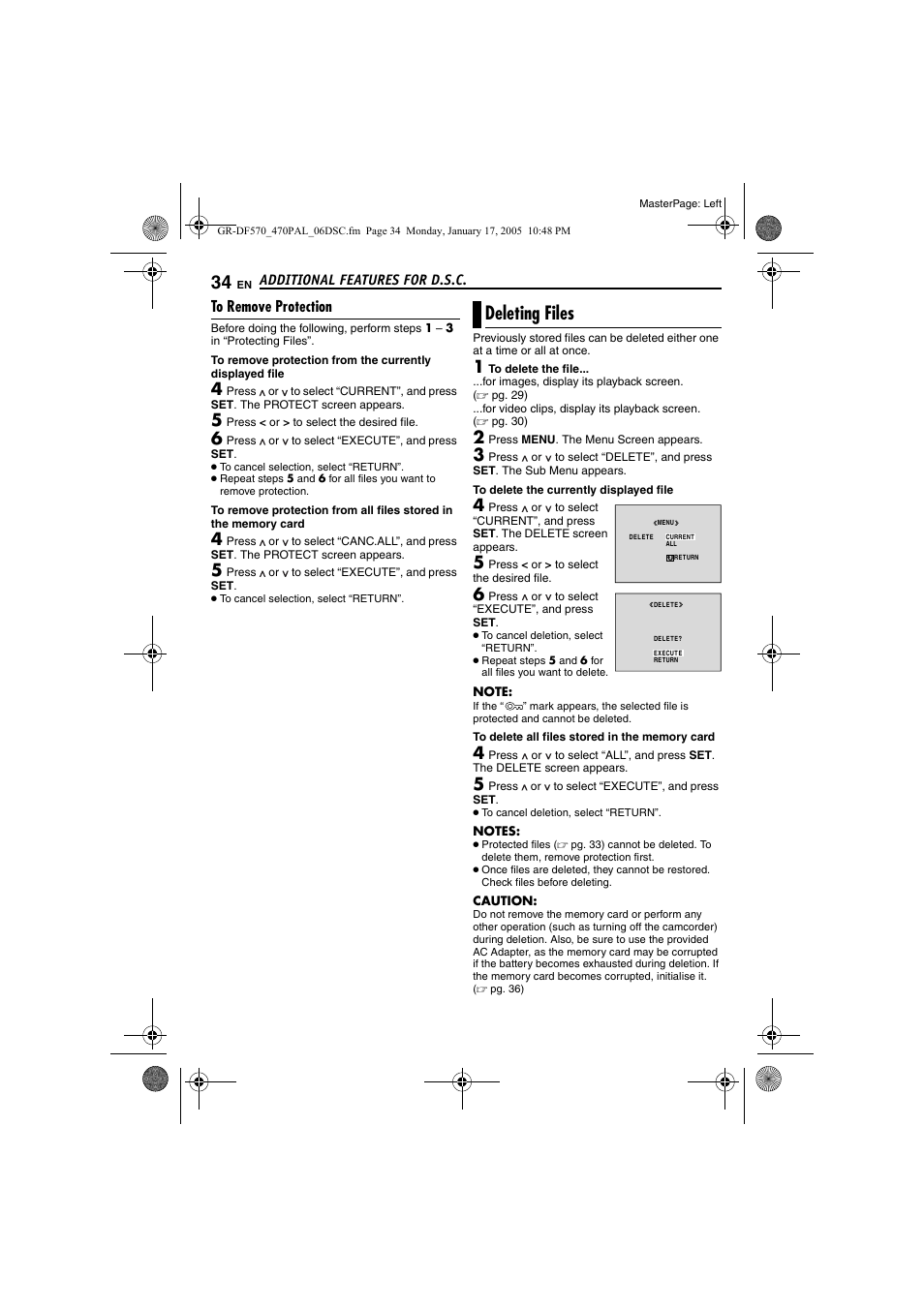 To remove protection, Deleting files, R to “deleting | Files, Pg. 34) | JVC GR-DF470 User Manual | Page 34 / 68