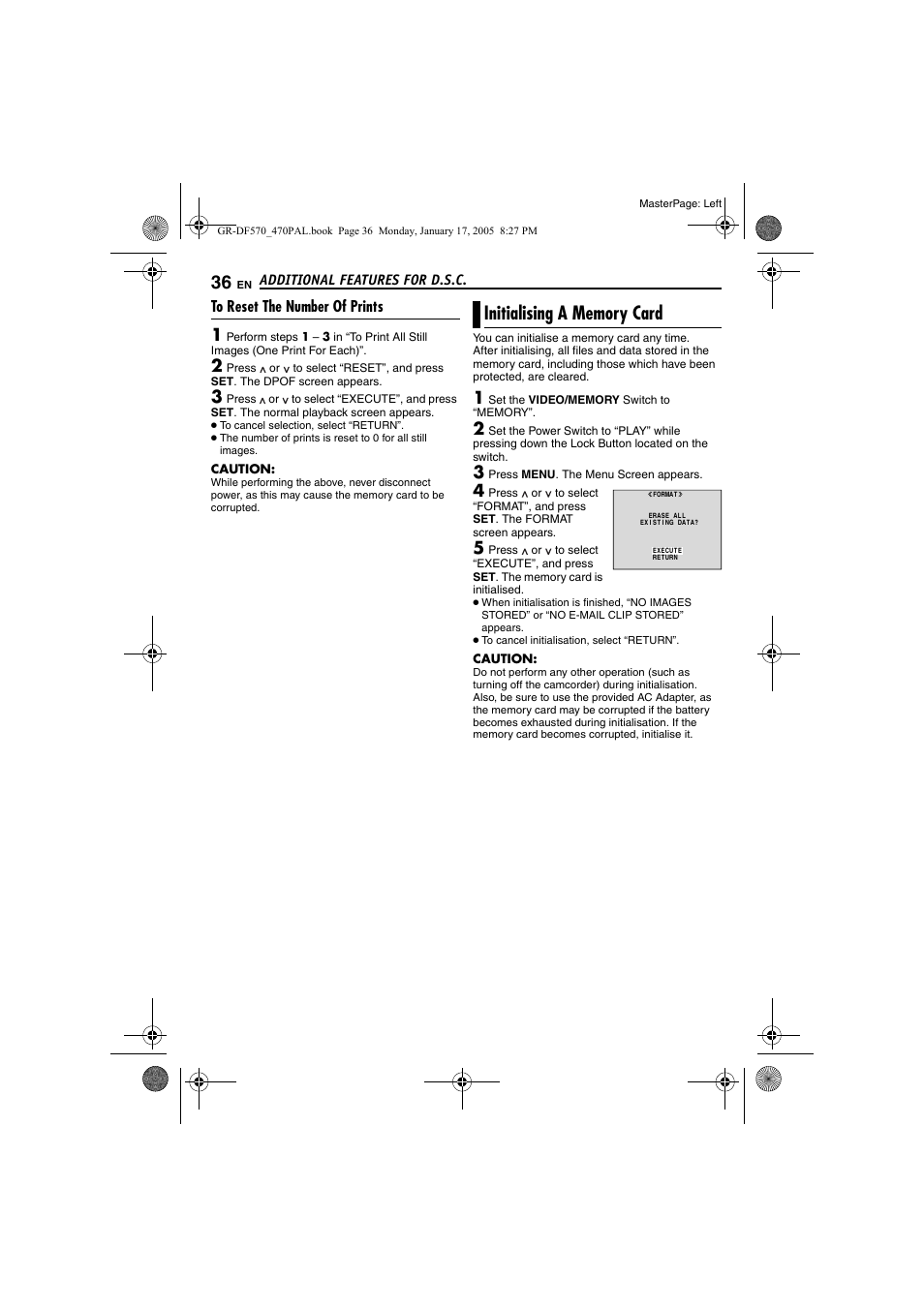 To reset the number of prints, Initialising a memory card, Pg. 36) | JVC GR-DF470 User Manual | Page 36 / 68