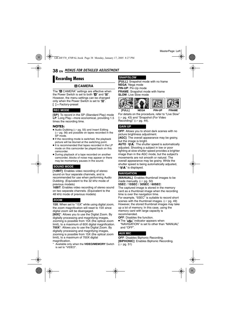 Recording menus, Pg. 38, 55, Pg. 38) | Pg. 38) (a, Pg. 38 | JVC GR-DF470 User Manual | Page 38 / 68