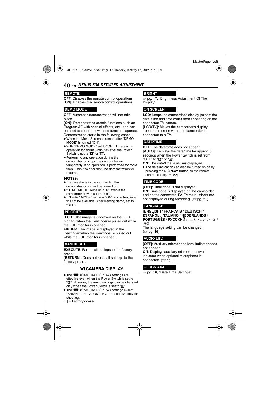 Pg. 40, Pg. 40, “audio lev.”), Set to “on | Pg. 40) | JVC GR-DF470 User Manual | Page 40 / 68