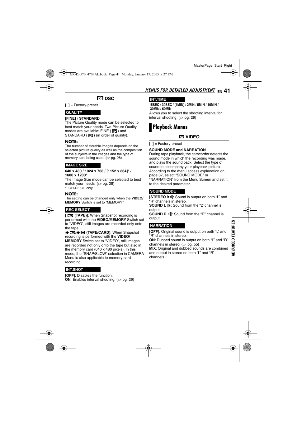 Playback menus, Pg. 41), R (੬ pg. 41) | JVC GR-DF470 User Manual | Page 41 / 68