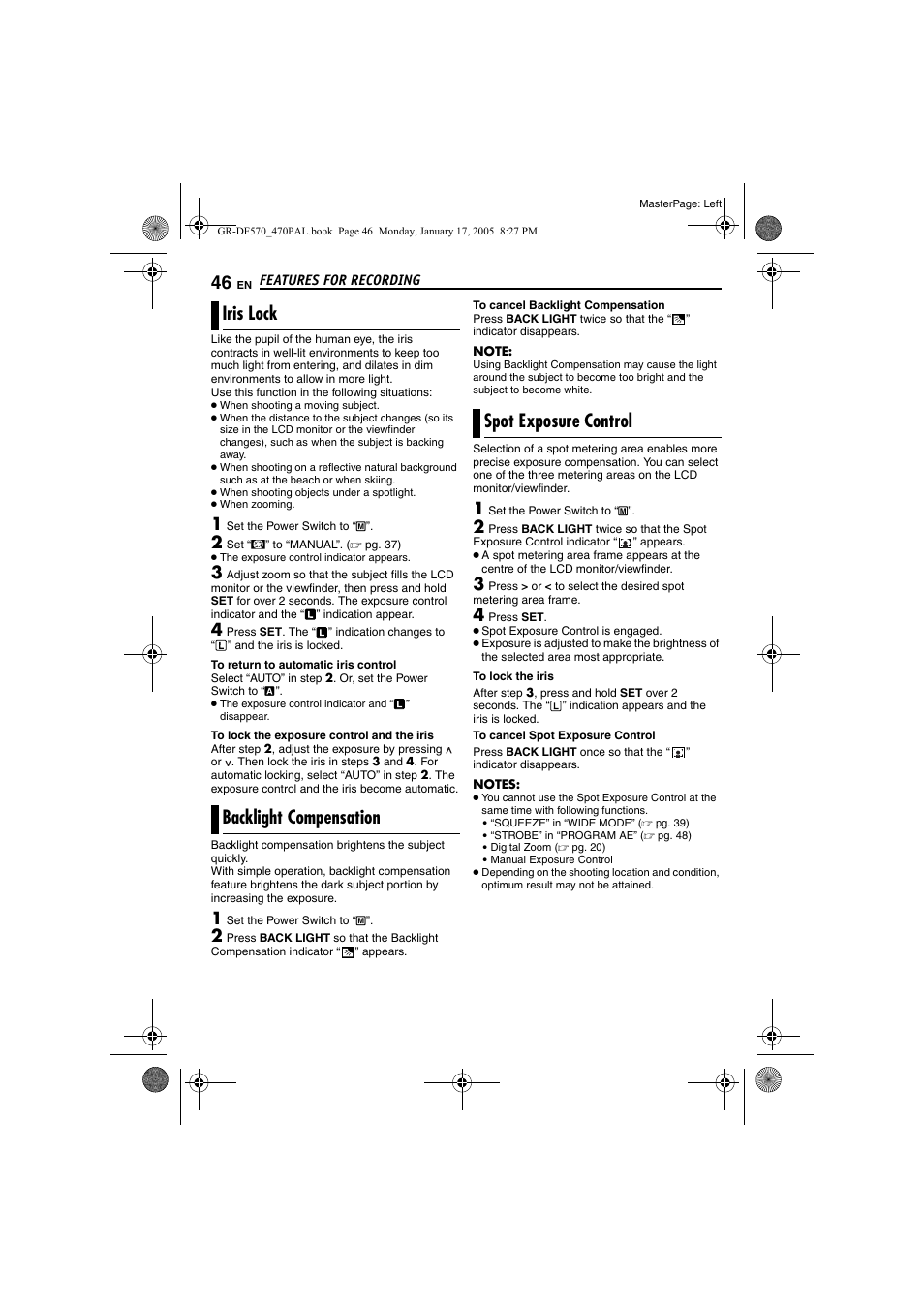 Iris lock, Backlight compensation, Spot exposure control | Pg. 46), Pg. 46, spot exposure, Control), 46 backlight compensation, 46 spot exposure control, Light | JVC GR-DF470 User Manual | Page 46 / 68