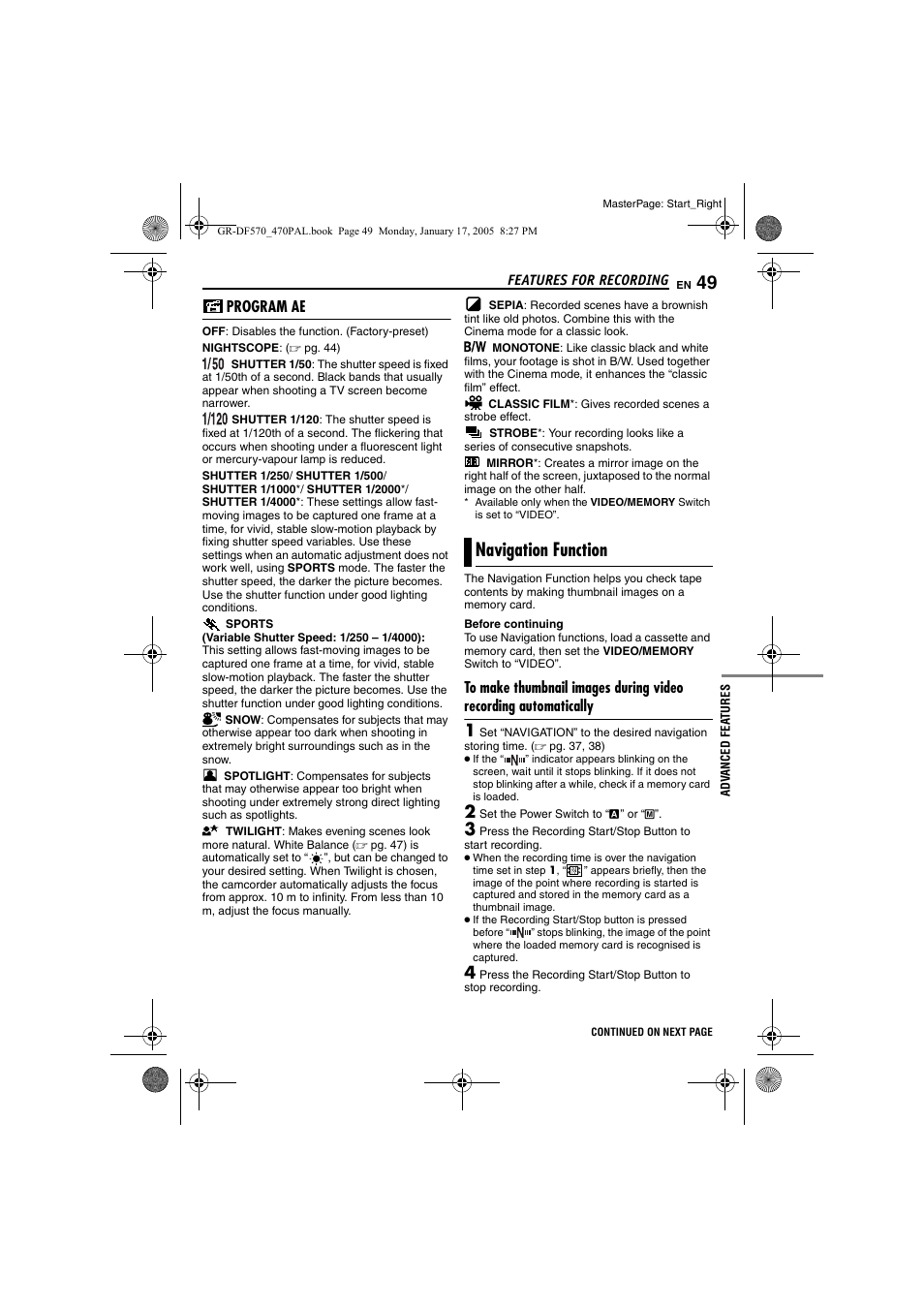 Program ae, Navigation function, Pg. 49) | JVC GR-DF470 User Manual | Page 49 / 68