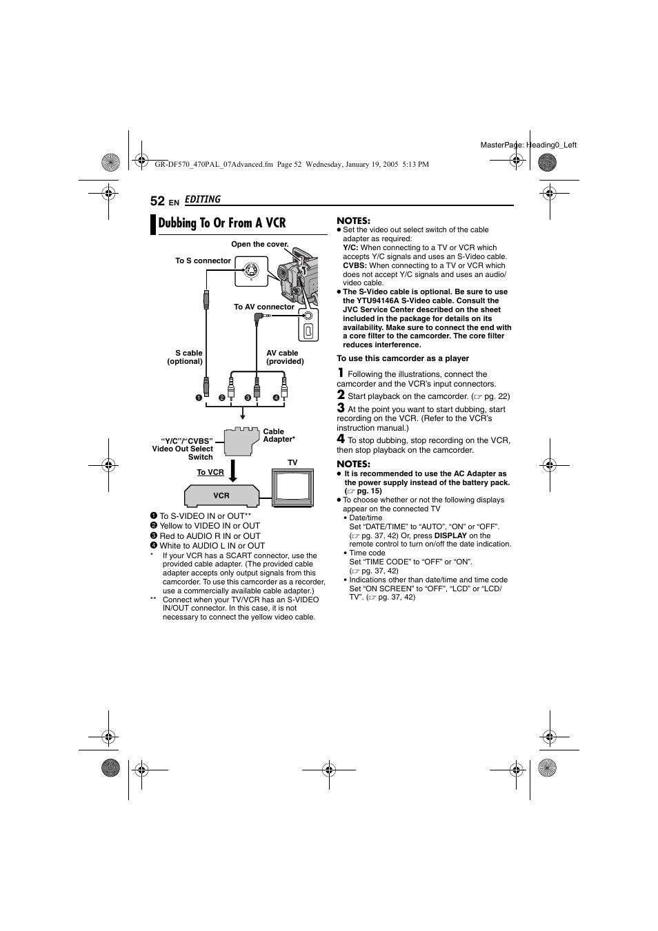 Editing, Dubbing to or from a vcr, Pg. 52, 53 | Pg. 52) | JVC GR-DF470 User Manual | Page 52 / 68