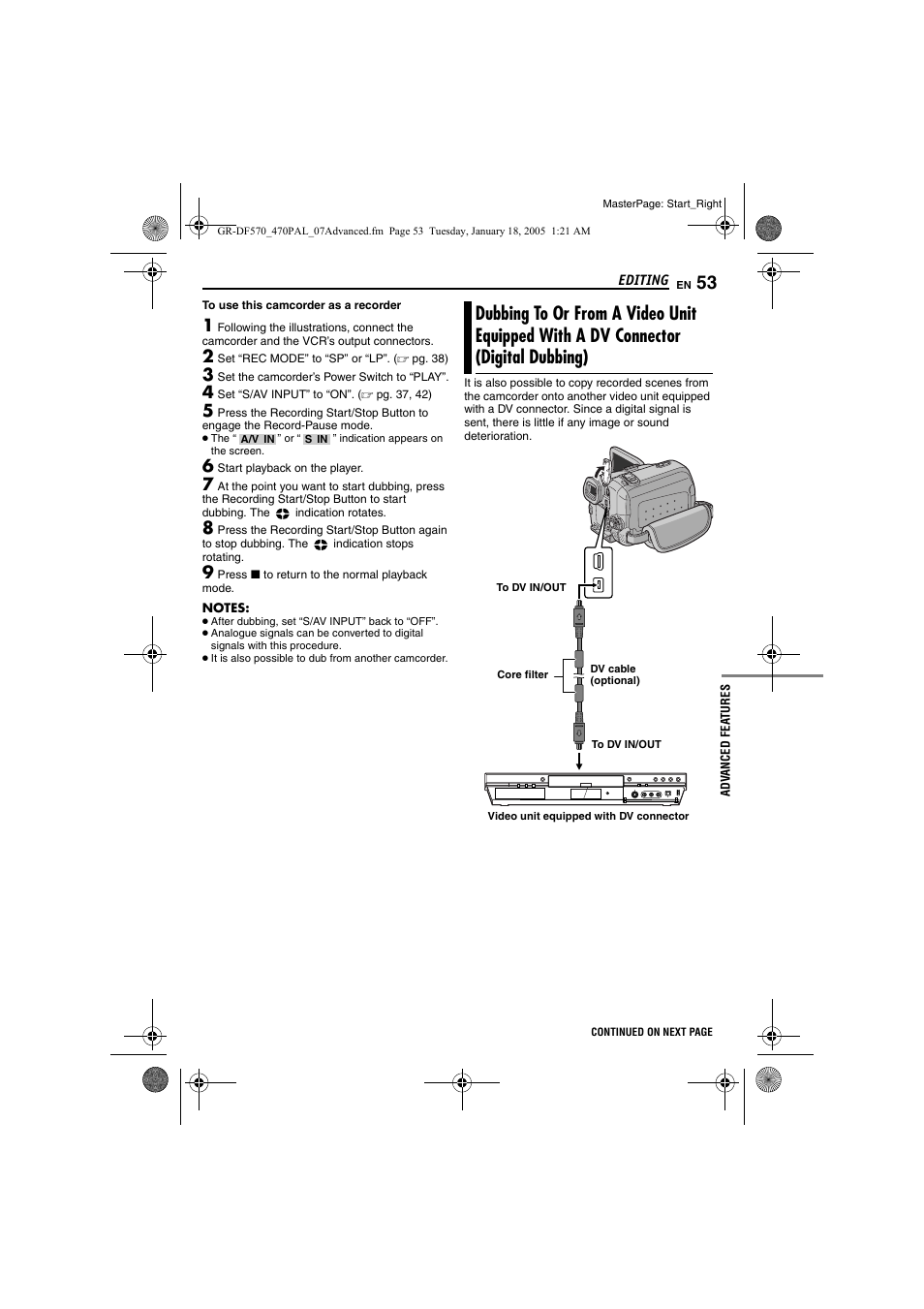 Dubbing to or from a video unit equipped with, A dv connector (digital dubbing), Pg. 53, 54) | JVC GR-DF470 User Manual | Page 53 / 68