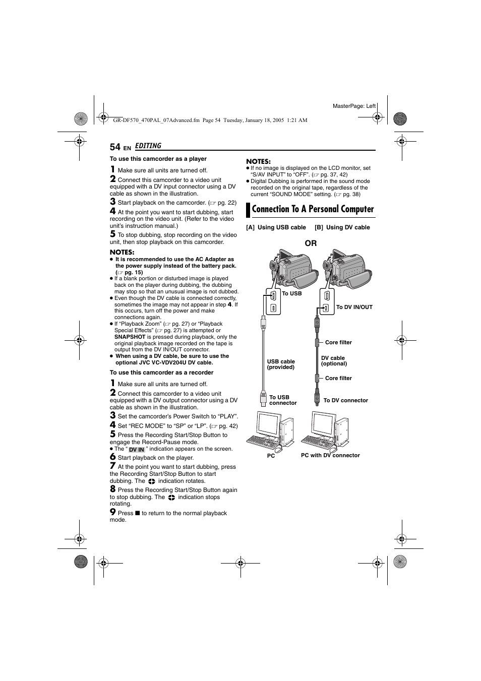 Connection to a personal computer, Pg. 54) | JVC GR-DF470 User Manual | Page 54 / 68