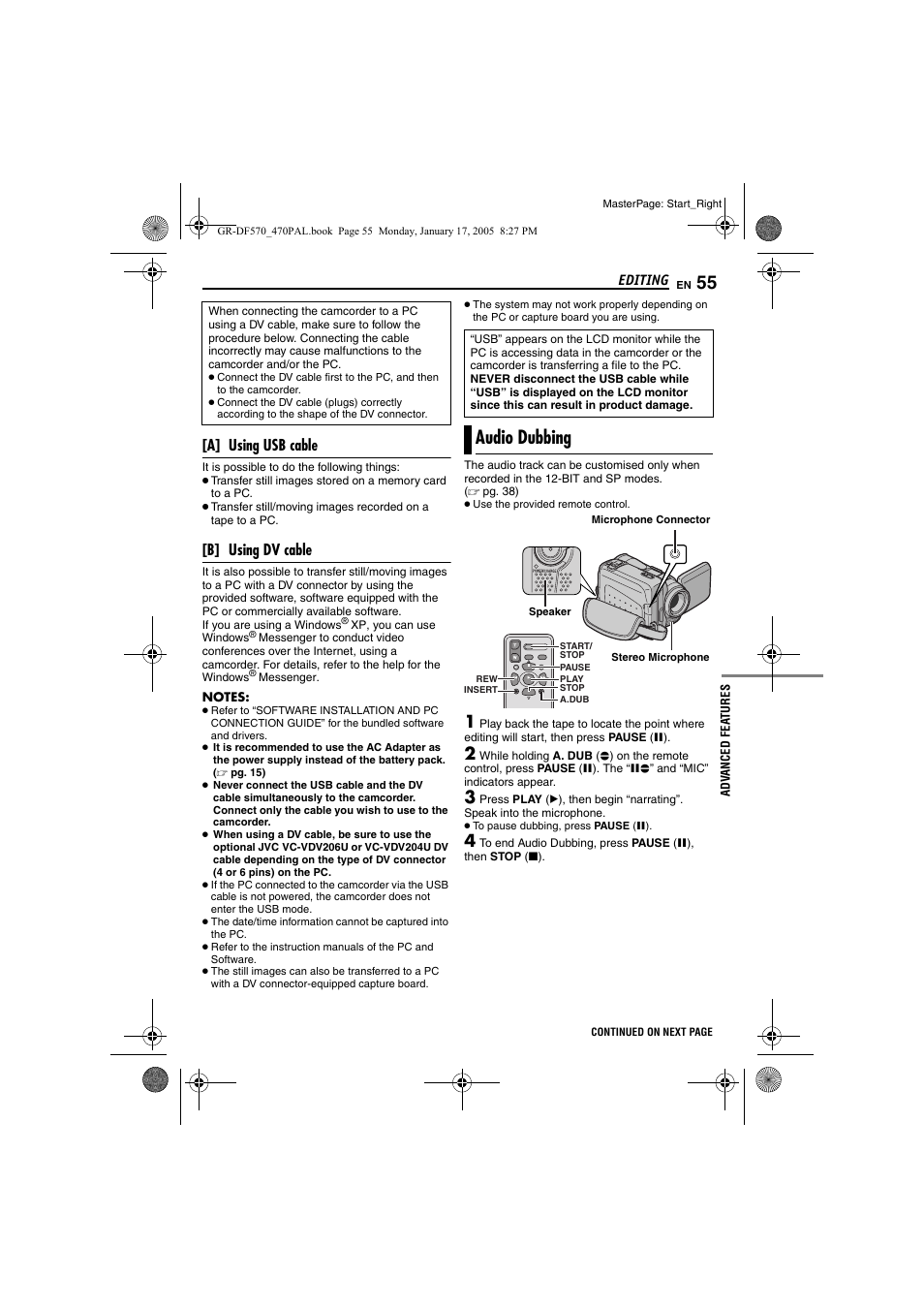 Audio dubbing, Pg. 55), Pg. 55) and i | JVC GR-DF470 User Manual | Page 55 / 68