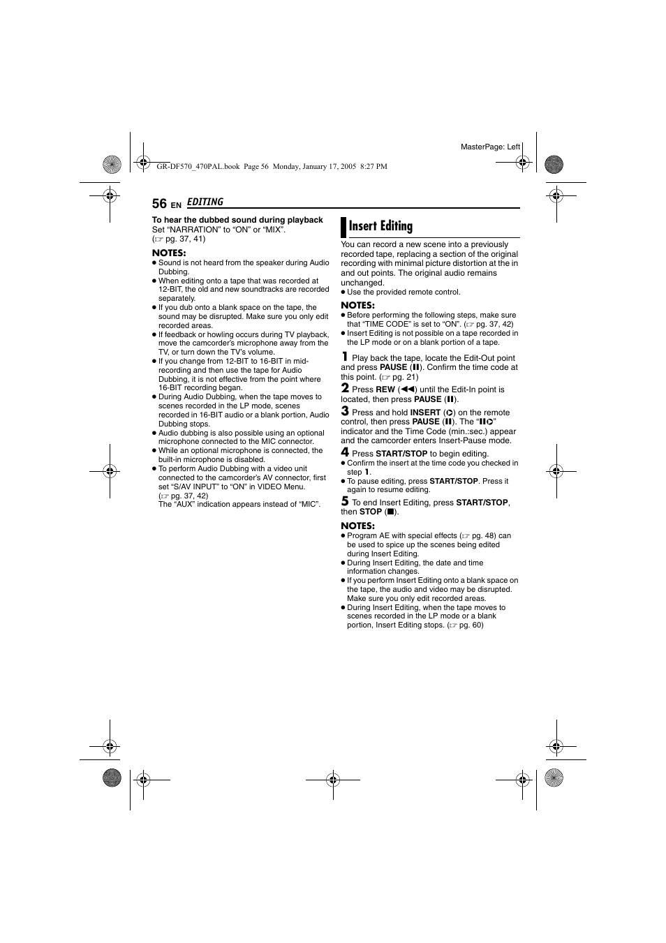 Insert editing, Pg. 56), Pg. 56) a | JVC GR-DF470 User Manual | Page 56 / 68