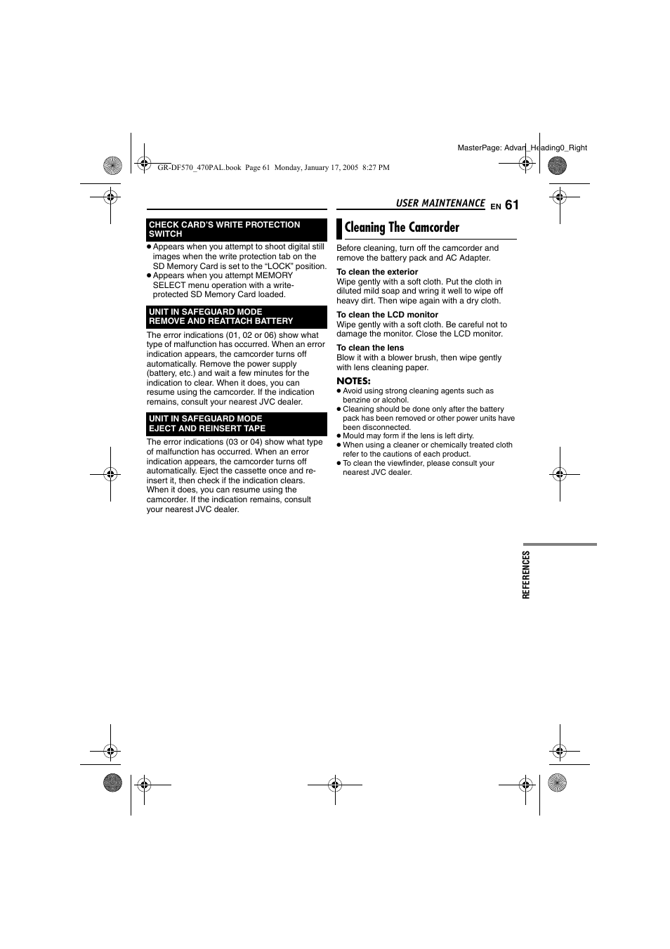 Cleaning the camcorder, User maintenance, Pg. 61) | Pg. 61 | JVC GR-DF470 User Manual | Page 61 / 68