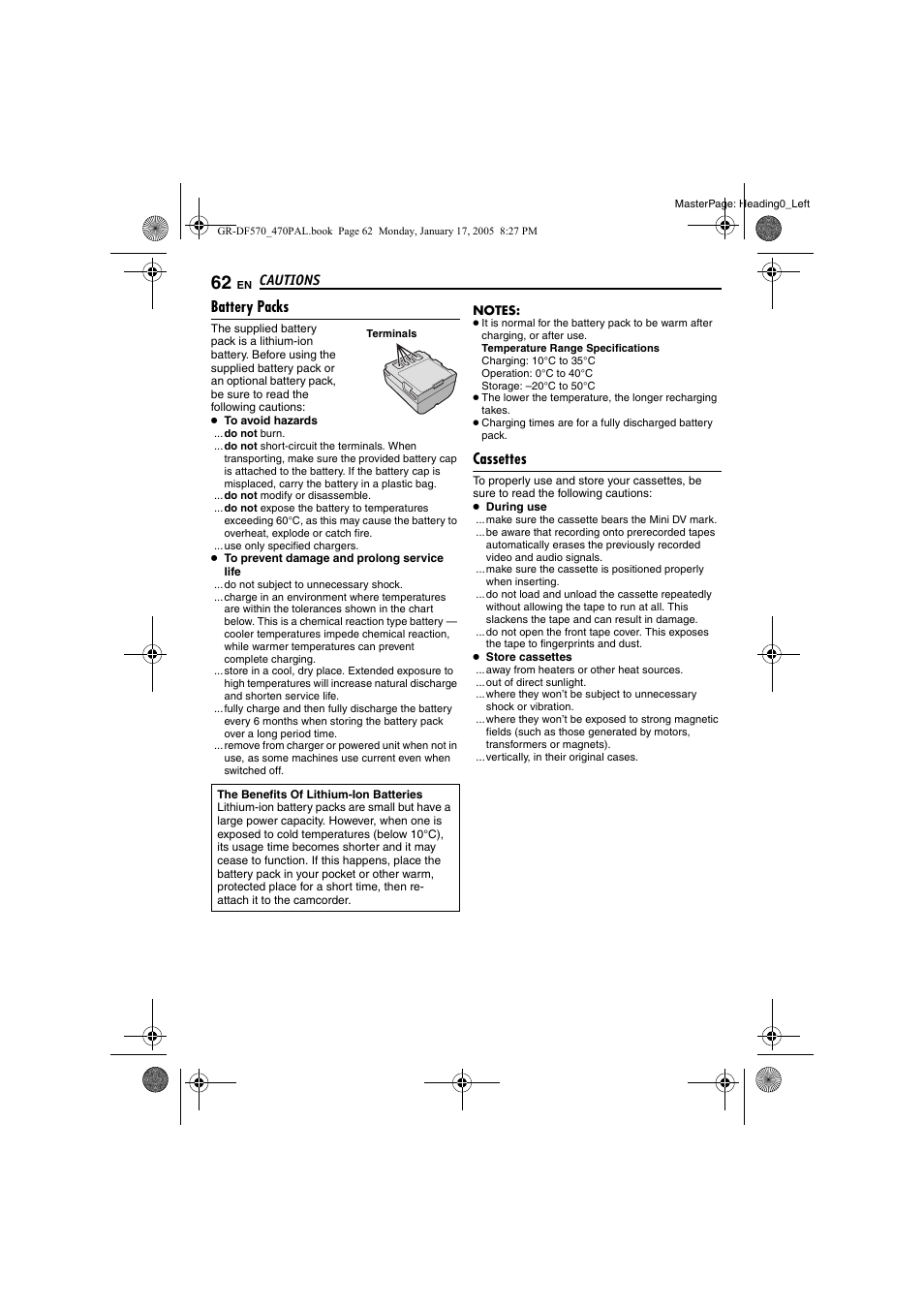 Cautions, Battery packs, Cassettes | Ead “cautions” on pa, Pg. 62) | JVC GR-DF470 User Manual | Page 62 / 68