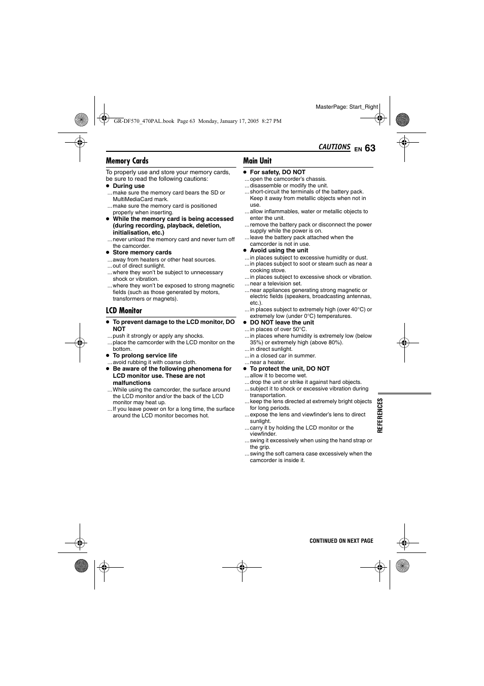 Memory cards, Lcd monitor, Main unit | Pg. 63) | JVC GR-DF470 User Manual | Page 63 / 68