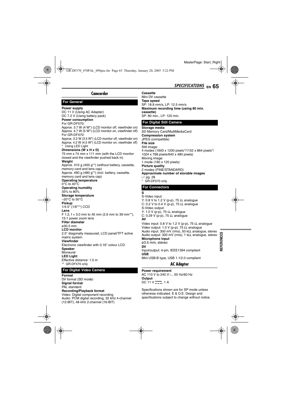 Specifications, Camcorder, Ac adapter | JVC GR-DF470 User Manual | Page 65 / 68