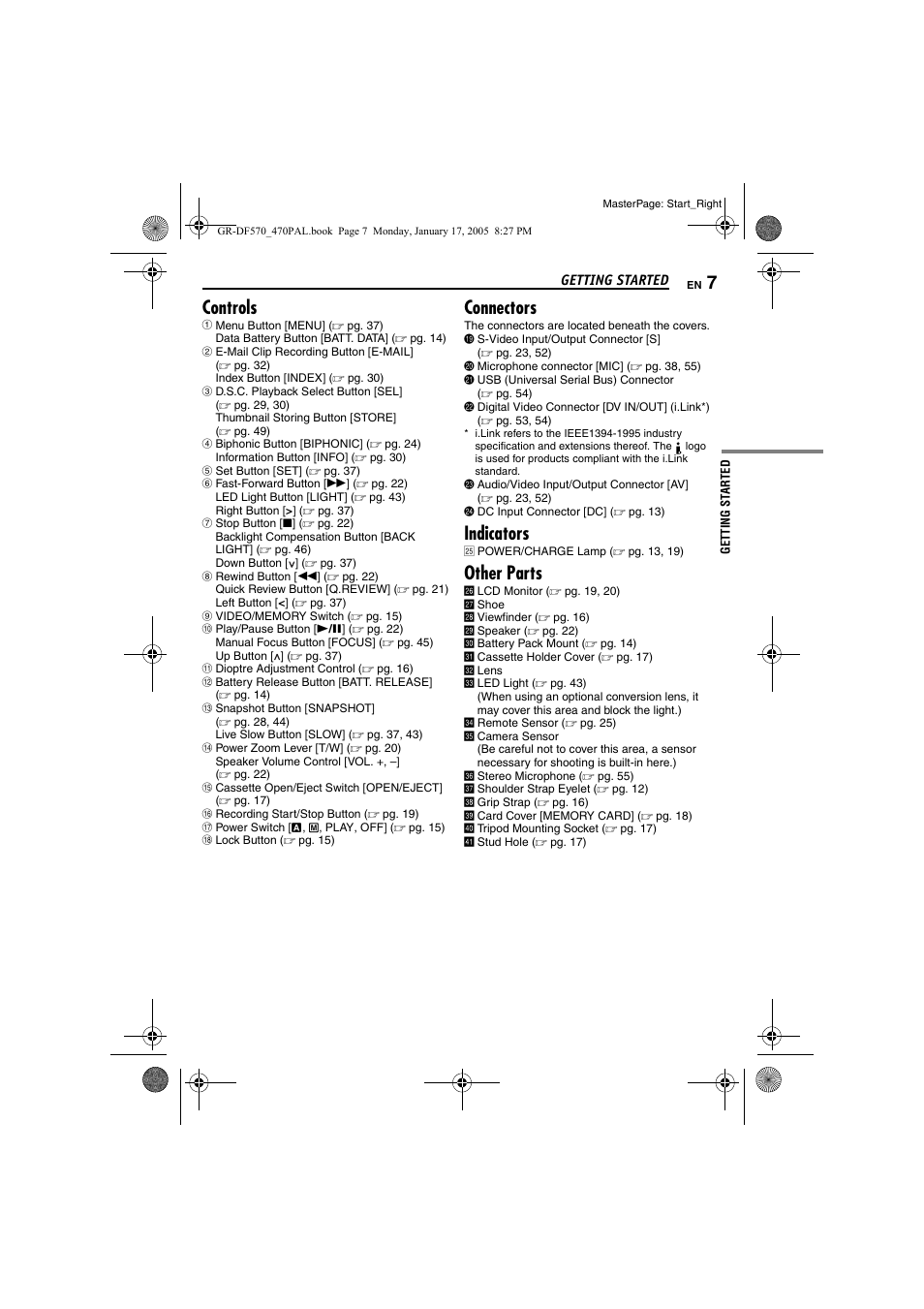 Controls, Connectors, Indicators | Other parts | JVC GR-DF470 User Manual | Page 7 / 68