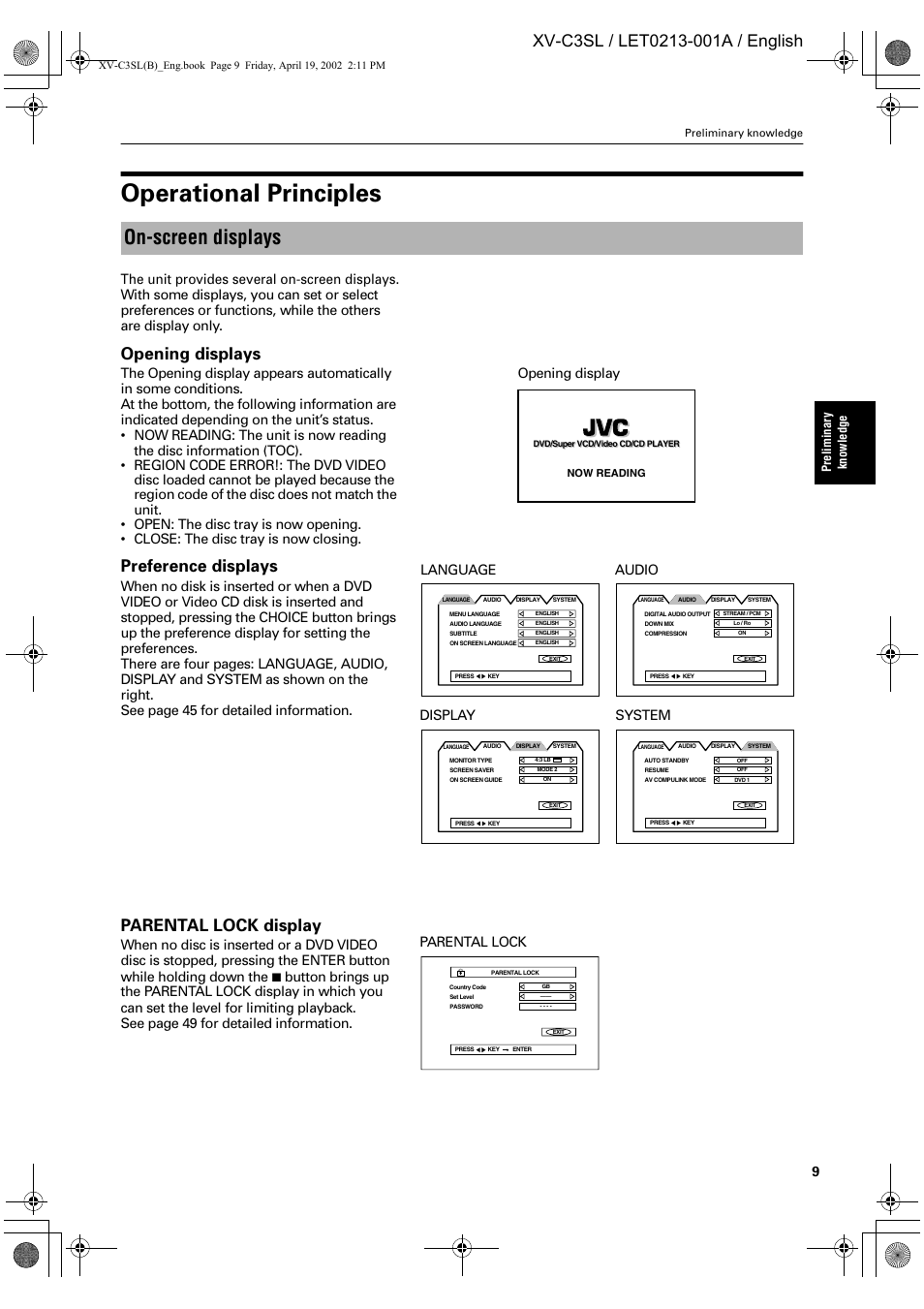 Operational principles, On-screen displays, Opening displays | Preference displays, Parental lock display, Opening display, Language audio system, Preliminar y kn ow le dg e | JVC LET0213-001A User Manual | Page 11 / 62