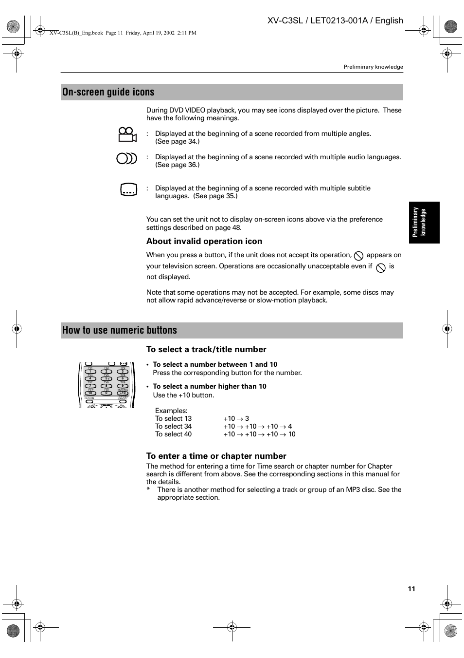 On-screen guide icons, How to use numeric buttons, About invalid operation icon | JVC LET0213-001A User Manual | Page 13 / 62