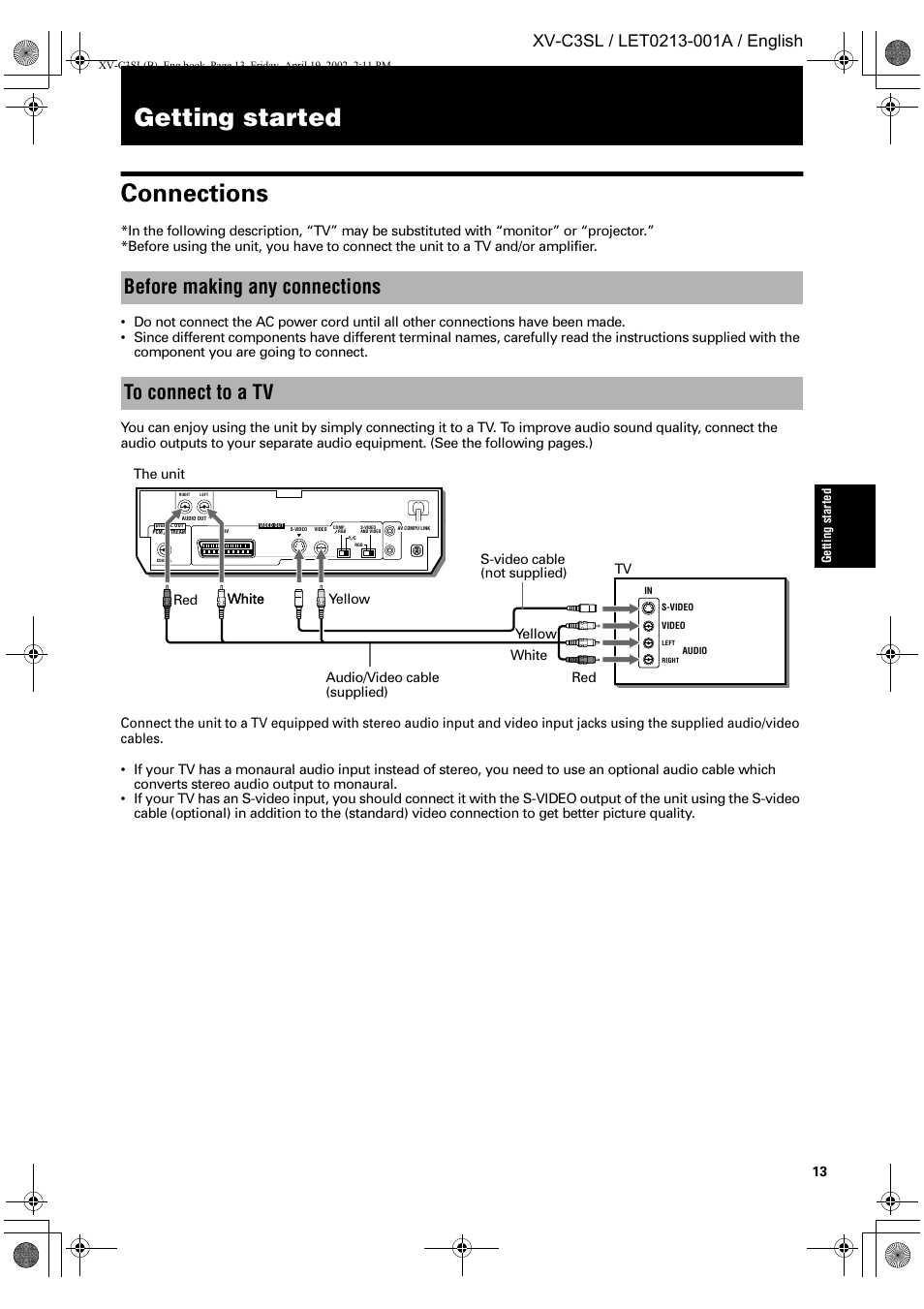 Getting started, Getting started connections, Before making any connections to connect to a tv | JVC LET0213-001A User Manual | Page 15 / 62