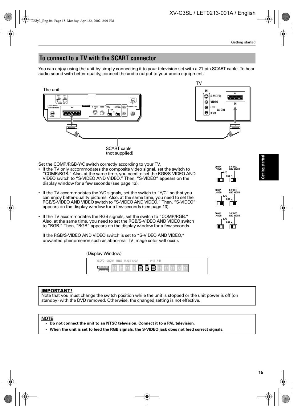 Tv the unit scart cable (not supplied), Display window) | JVC LET0213-001A User Manual | Page 17 / 62