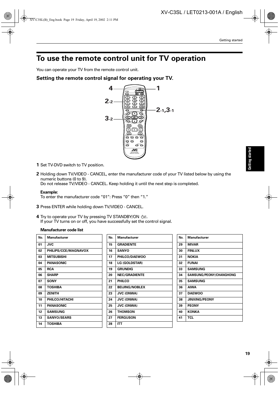 Set tv-dvd switch to tv position, Press enter while holding down tv/video - cancel | JVC LET0213-001A User Manual | Page 21 / 62