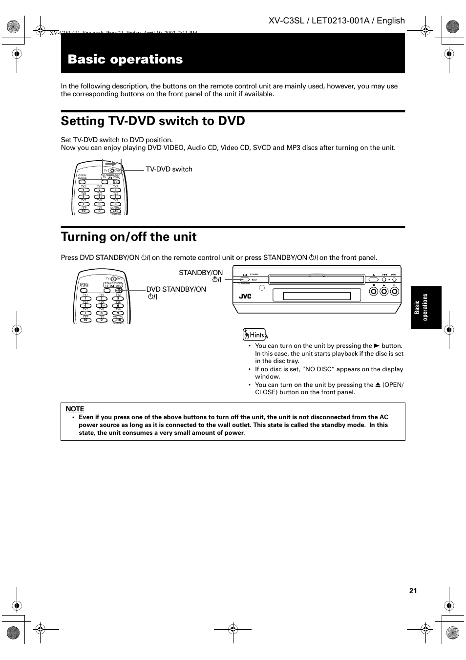 Basic operations, Setting tv-dvd switch to dvd, Turning on/off the unit | Tv-dvd switch, Basic ope ra tions, You can turn on the unit by pressing the | JVC LET0213-001A User Manual | Page 23 / 62