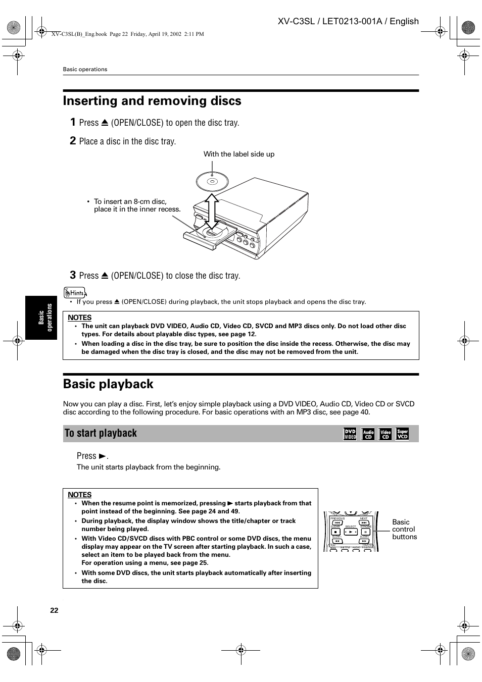Inserting and removing discs, Basic playback, Press 0 (open/close) to open the disc tray | Place a disc in the disc tray, Press 0 (open/close) to close the disc tray, Press 3 | JVC LET0213-001A User Manual | Page 24 / 62