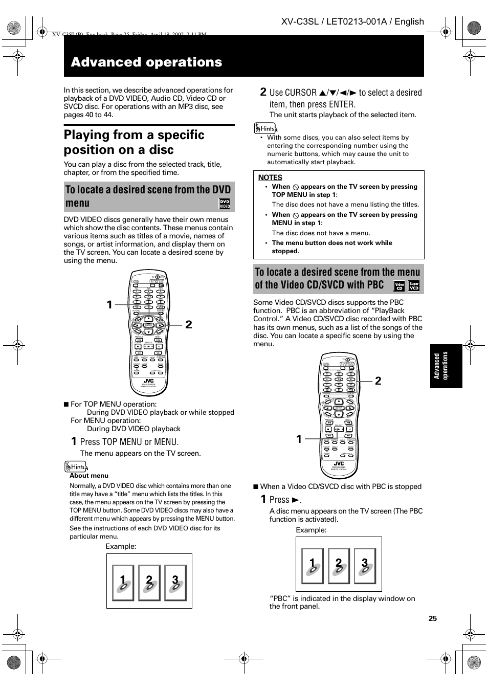 Advanced operations, Playing from a specific position on a disc, Press top menu or menu | Press 3, The menu appears on the tv screen, The unit starts playback of the selected item, When a video cd/svcd disc with pbc is stopped, Example, Ad vance d op er at ion s | JVC LET0213-001A User Manual | Page 27 / 62