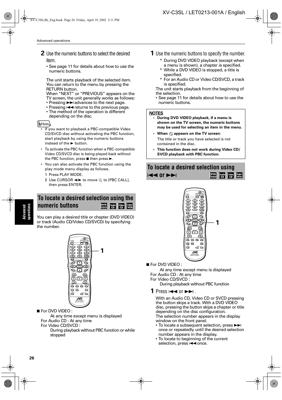 Use the numeric buttons to select the desired item, Use the numeric buttons to specify the number, Press 4 or | Ad vance d op er at ion s, Advanced operations | JVC LET0213-001A User Manual | Page 28 / 62