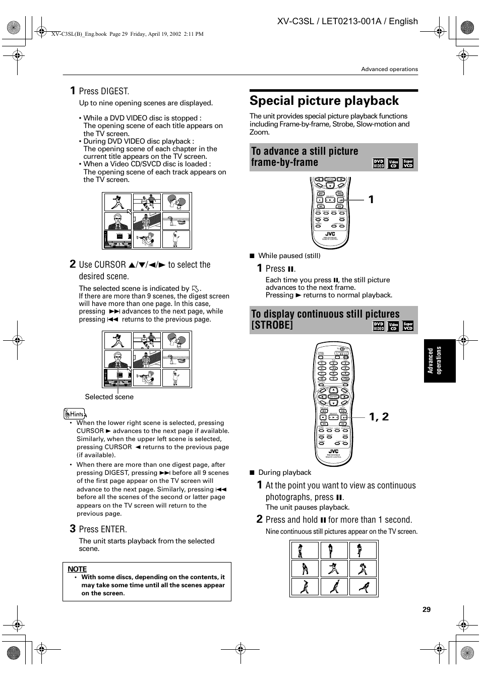 Special picture playback, Press digest, Use cursor 5/∞/2/3 to select the desired scene | Press enter, Press 8, Press and hold 8 for more than 1 second, The unit starts playback from the selected scene, While paused (still), During playback, The unit pauses playback | JVC LET0213-001A User Manual | Page 31 / 62