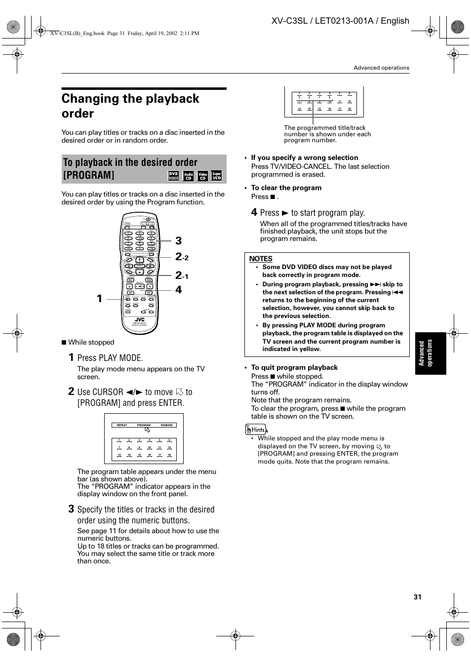Changing the playback order, Press play mode, Press 3 to start program play | While stopped, The play mode menu appears on the tv screen, Ad vance d op er at ion s | JVC LET0213-001A User Manual | Page 33 / 62