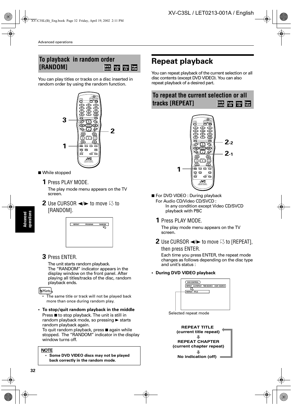 Repeat playback, Press play mode, Use cursor 2/3 to move to [random | Press enter, While stopped, The play mode menu appears on the tv screen, Ad vance d op er at ion s, Advanced operations | JVC LET0213-001A User Manual | Page 34 / 62