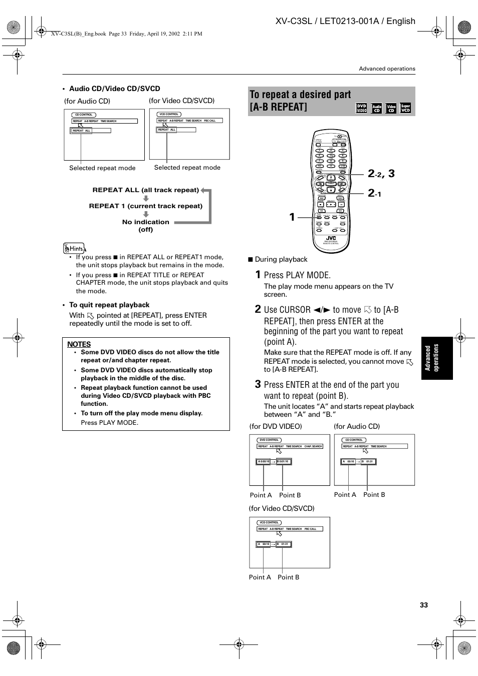 Press play mode, Audio cd/video cd/svcd, During playback | The play mode menu appears on the tv screen, For audio cd), For video cd/svcd), For dvd video), For audio cd) (for video cd/svcd), Ad vance d op er at ion s, Selected repeat mode | JVC LET0213-001A User Manual | Page 35 / 62