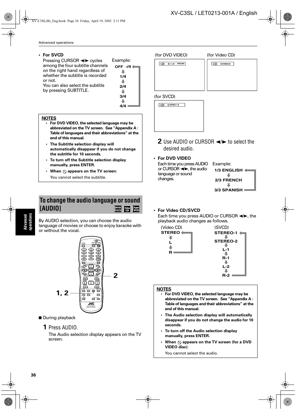 Press audio, During playback, Example | For dvd video) (for svcd) (for video cd), Svcd) (video cd), Ad vance d op er at ion s | JVC LET0213-001A User Manual | Page 38 / 62