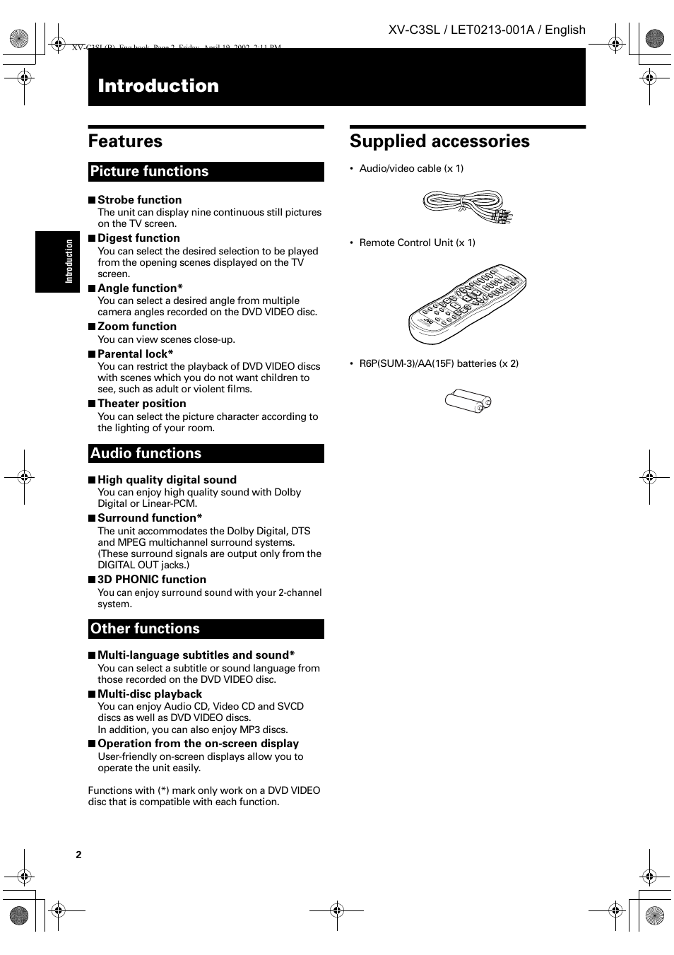 Introduction, Introduction features, Supplied accessories | Picture functions audio functions other functions, Strobe function, Digest function, Angle function, Zoom function, Parental lock, Theater position | JVC LET0213-001A User Manual | Page 4 / 62