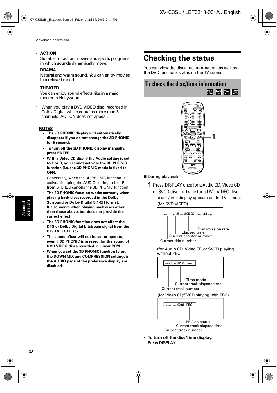 Checking the status, During playback, For dvd video) | For video cd/svcd playing with pbc), Ad vance d op er at ion s | JVC LET0213-001A User Manual | Page 40 / 62
