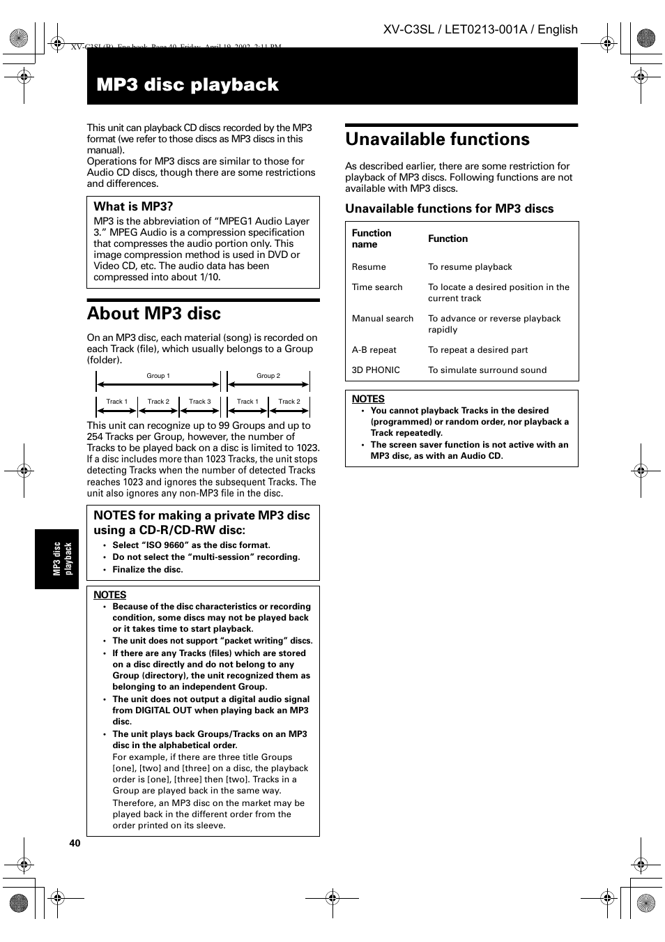 Mp3 disc playback, About mp3 disc, Unavailable functions | Unavailable functions for mp3 discs what is mp3 | JVC LET0213-001A User Manual | Page 42 / 62