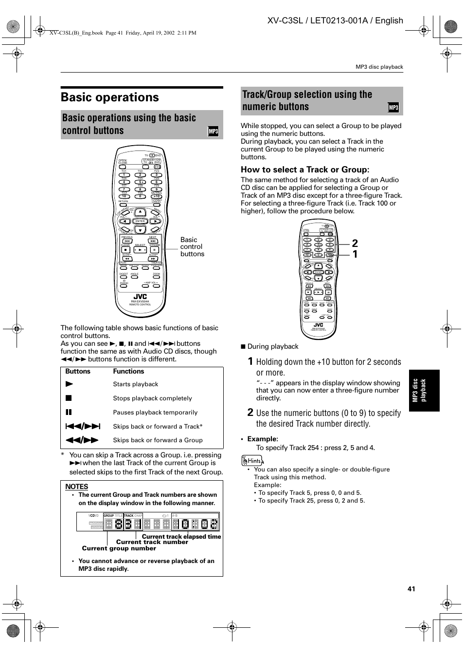 Basic operations, Basic operations using the basic control buttons, Track/group selection using the numeric buttons | How to select a track or group, Holding down the +10 button for 2 seconds or more, During playback, Buttons functions, Basic control buttons, Mp 3 disc p lay ba ck, Starts playback | JVC LET0213-001A User Manual | Page 43 / 62