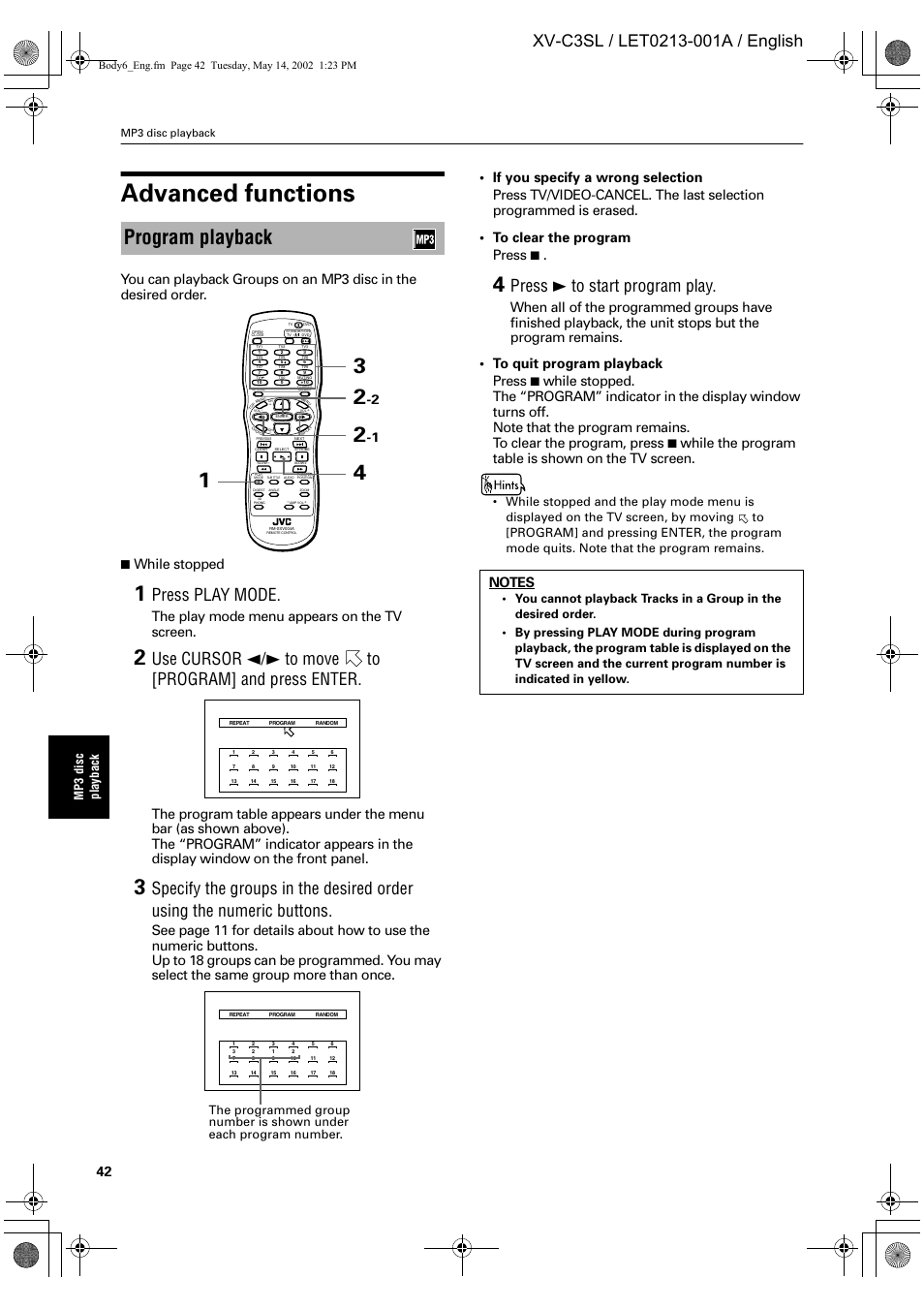 Advanced functions, Program playback, Press play mode | Press 3 to start program play, While stopped, The play mode menu appears on the tv screen, Mp 3 disc p lay ba ck, Mp3 disc playback | JVC LET0213-001A User Manual | Page 44 / 62