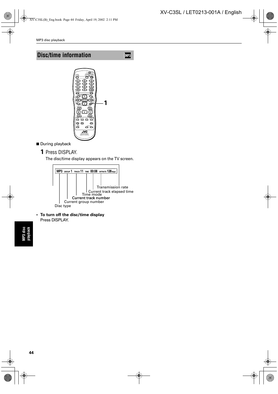 Disc/time information, Press display, During playback | Mp 3 disc p lay ba ck, Mp3 disc playback | JVC LET0213-001A User Manual | Page 46 / 62