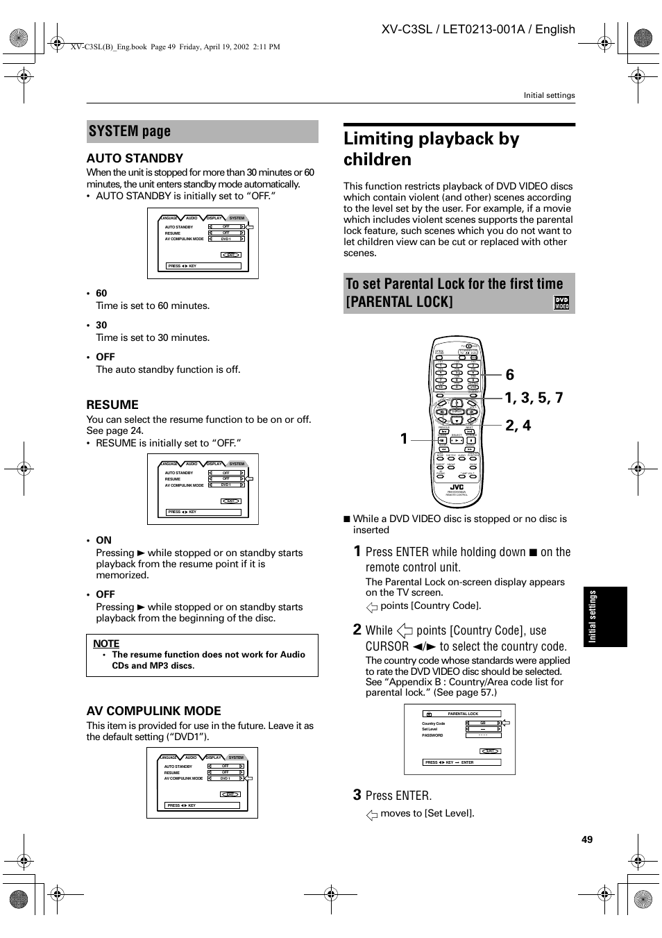 Limiting playback by children, System page, Resume | Av compulink mode, Press enter, Moves to [set level, Initial settings | JVC LET0213-001A User Manual | Page 51 / 62