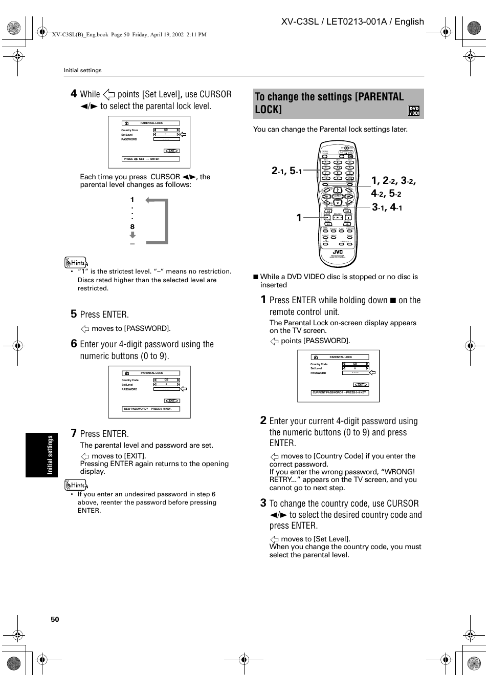 Press enter, Moves to [password, You can change the parental lock settings later | Initial settings | JVC LET0213-001A User Manual | Page 52 / 62